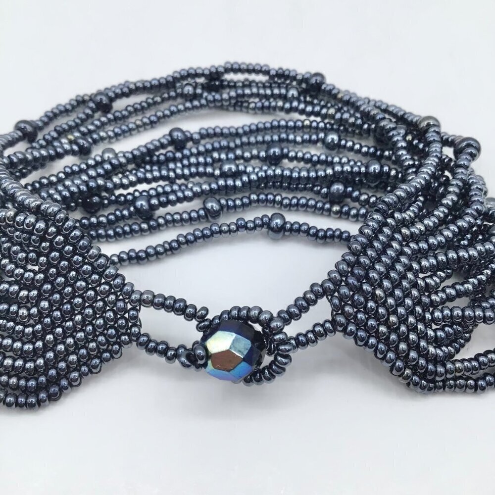 Vintage Women's Hand Beaded Bracelet Seed Beads Multi Strand Adjustable Gunmetal - Picture 2 of 11